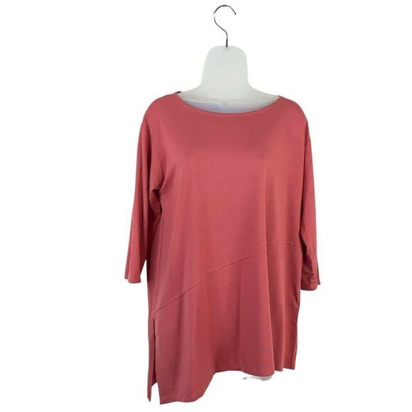 Eileen Fisher Top Petite Large Red Knit Asymmetrical Blouse Lagenlook Boat Neck - Picture 1 of 8